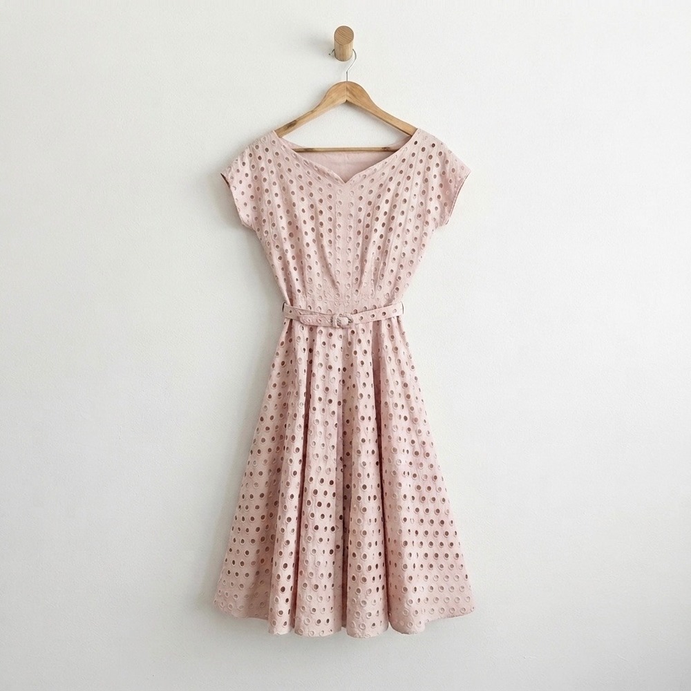 Retro Pinup Rockabilly Pastel Pink Eyelet Party Dress Small VTG 50s Housewife